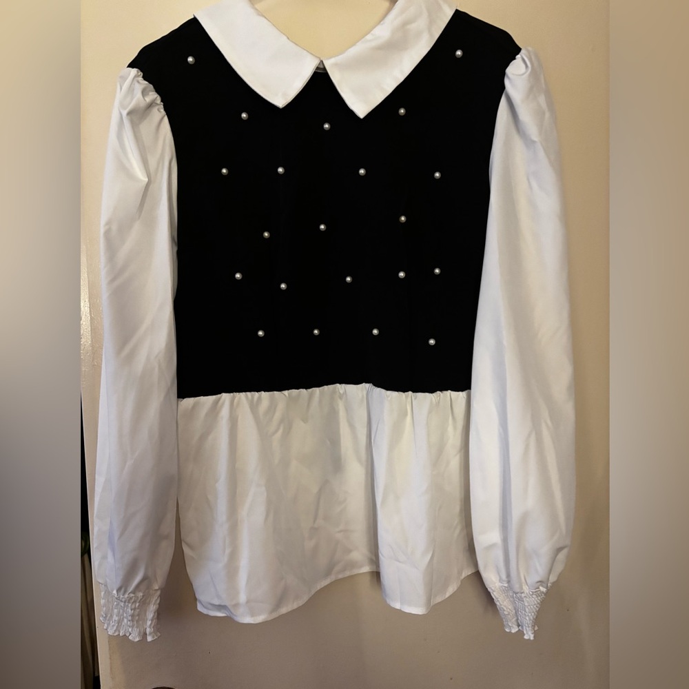 SHEIN Black and White Blouse with Pearl Details